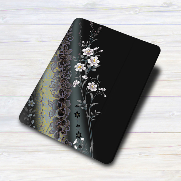 iPadケース 【和柄 夜中白花】手帳型ケース ※2タイプから選べます 3枚目の画像