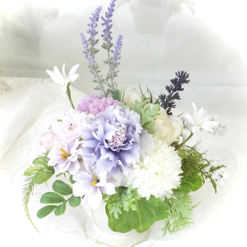 白とブルー・紫のフラワーアレンジ【アーティフィシャルフラワー