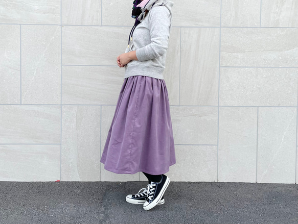 コーデュロイのギャザースカート くすみライラック フレアスカート and