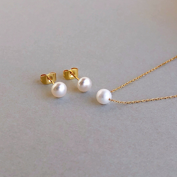 淡水パールの一粒ネックレス・ピアスセット(イヤリング可)金属