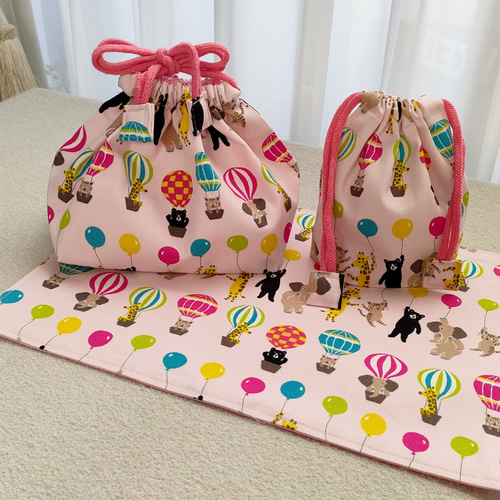 気球と風船と動物柄のお弁当入れ3点セット（ピンク） 弁当袋 KINUCA 