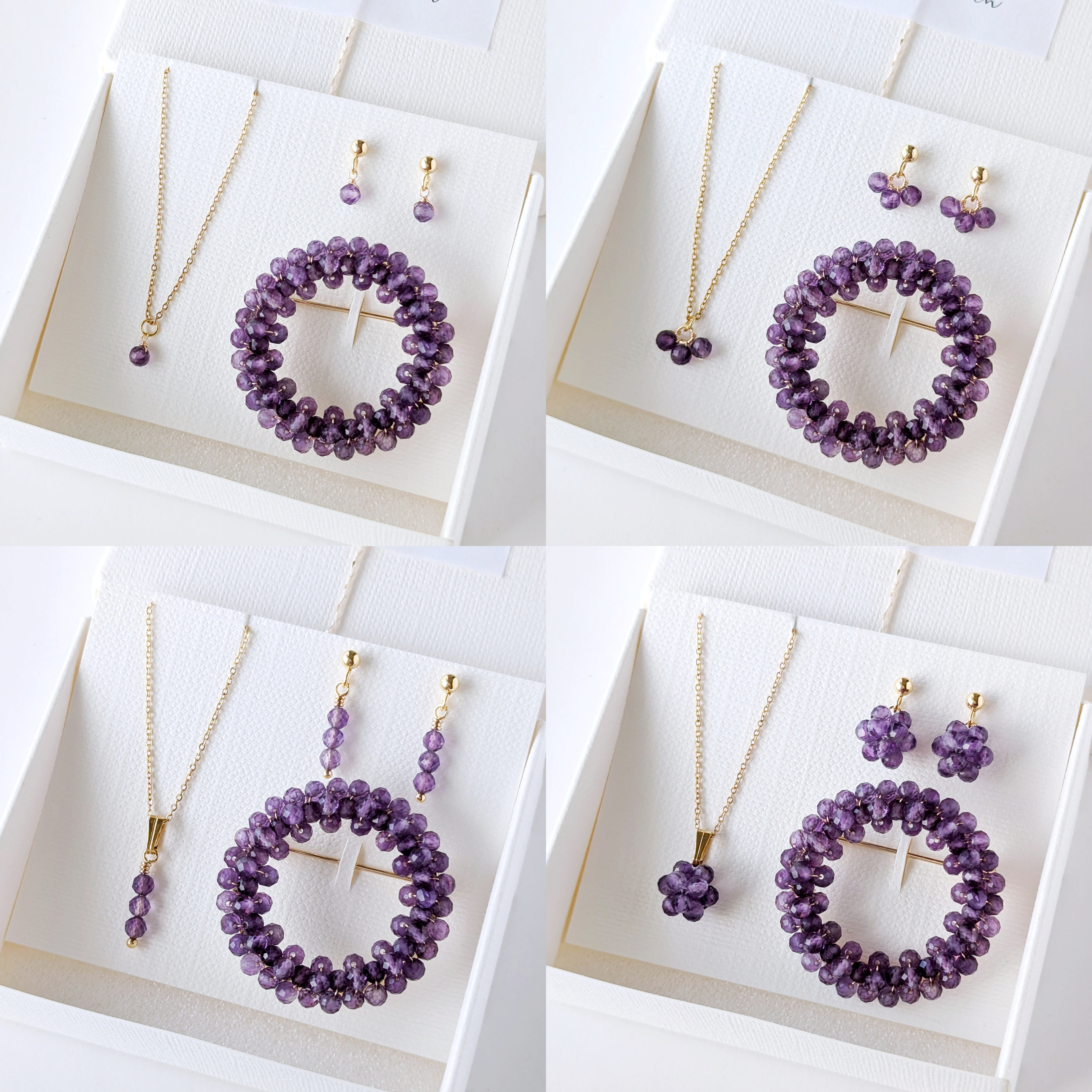 《古希・喜寿のお祝いにも》選べるデザイン＊豪華3点セット＊ アメジストのピアス/イヤリング、ネックレス＆リングブローチ