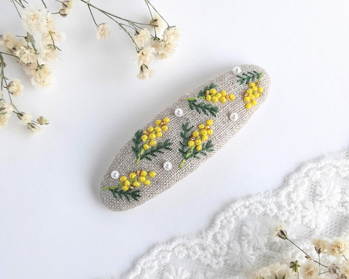ミモザ☆5センチパッチンピン ミモザ刺繍パッチンピン キッズパッチンピン ヘアピン HISAYORI
