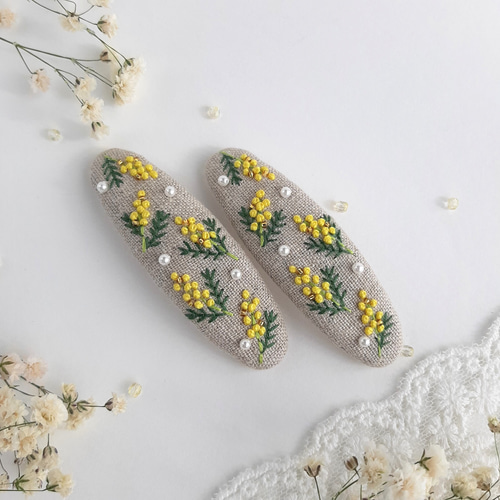 大人可愛い ミモザ刺繍パッチンピン ミモザパッチン留め ヘアピン