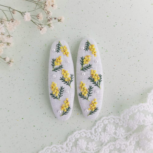 大人可愛い ミモザ刺繍パッチンピン ミモザパッチン留め ヘアピン