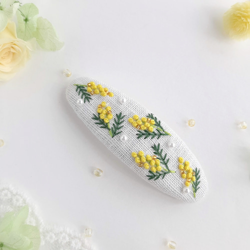 大人可愛い ミモザ刺繍パッチンピン ミモザパッチン留め ヘアピン