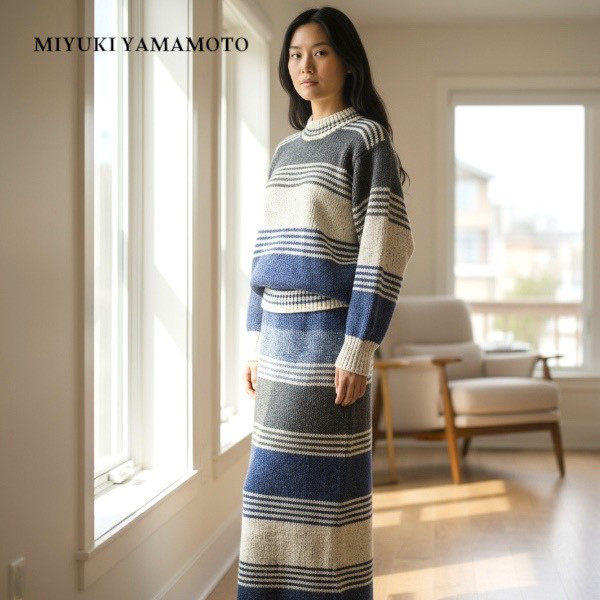 【アルパカツイード】ボーダー ロングスカート（ブルー) / １点物 / ニットウェア (No,493)