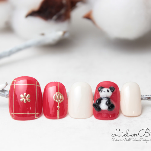 ぬいぐるみパンダの中華ネイル＊Bi ネイルチップ（つけ爪