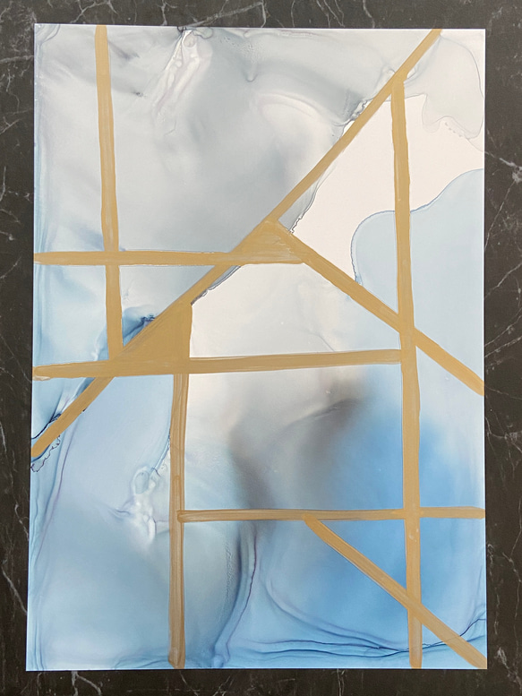 アルコールインクアート No.A-138 ブルー グレー ゴールド 2枚目の画像