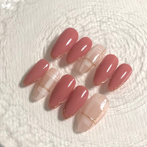 ミラーネイル ピンクネイル チェック柄ネイル ネイルチップ（つけ爪