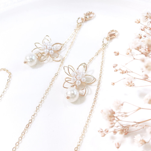 ♪453❤️ 花ガラスストーンパールマスクチェーンメガネチェーン