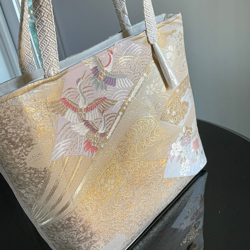 帯リメイクバッグ 扇面に鶴と花々 トートバッグ 和装バッグ 帯
