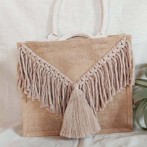 マクラメジュートbag マクラメフラワー付きジュートバッグ トートバッグ M's crop