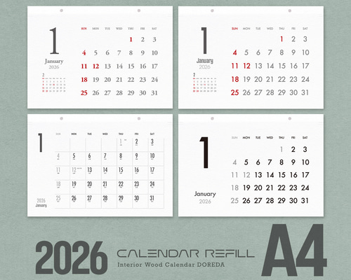 2026年 カレンダー リフィル（木製カレンダー交換用-A4-ヨコ