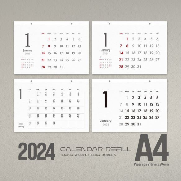 2024 カレンダー リフィル・シンプルデザイン（木製カレンダー交換用-A4-ヨコ） 1枚目の画像