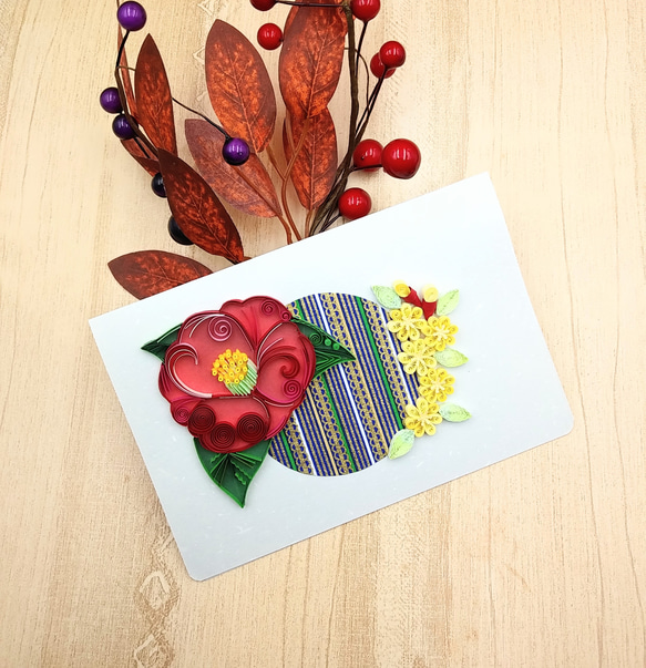 冬のお花のクイリングメッセージカード《椿×ろうばい》 1枚目の画像