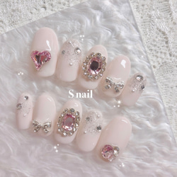 ネイルチップ ピンク ストーン ハート リボン ガーリー 韓国