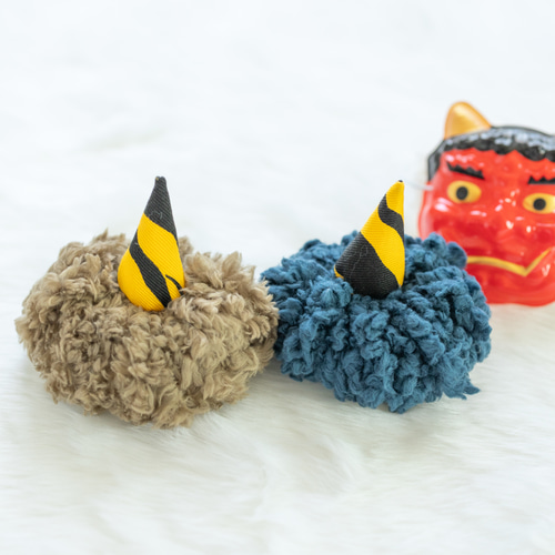 節分 鬼のツノ もふもふ くすみカラー 青 カーキ 鬼さん 帽子 雑貨