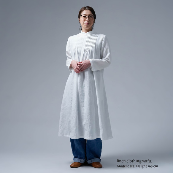 [wafu] [訂製] 亞麻連身裙，精緻奧黛細褶連身裙 / 白色 a081b-wt2 第2張的照片