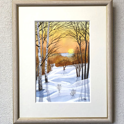 「雪原の朝焼け」透明水彩画　原画　風景画　額縁付　SMサイズ 1枚目の画像