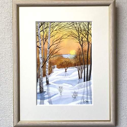 雪原の朝焼け」透明水彩画 原画 風景画 額縁付 SMサイズ 絵画 雪原の朝焼け」透明水彩画 原画 風景画 額縁付 SMサイズ 絵画