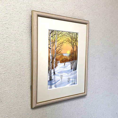 雪原の朝焼け」透明水彩画 原画 風景画 額縁付 SMサイズ 絵画 雪原の朝焼け」透明水彩画 原画 風景画 額縁付 SMサイズ 絵画