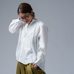 [wafu] 亞麻襯衫，精心剪裁的縮褶立領襯衫/白色 t034f1-wt1 第5張的照片