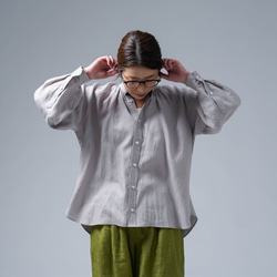 [wafu] 亞麻襯衫，精心剪裁的縮褶立領襯衫/灰櫻 t034f-hzk1 第6張的照片