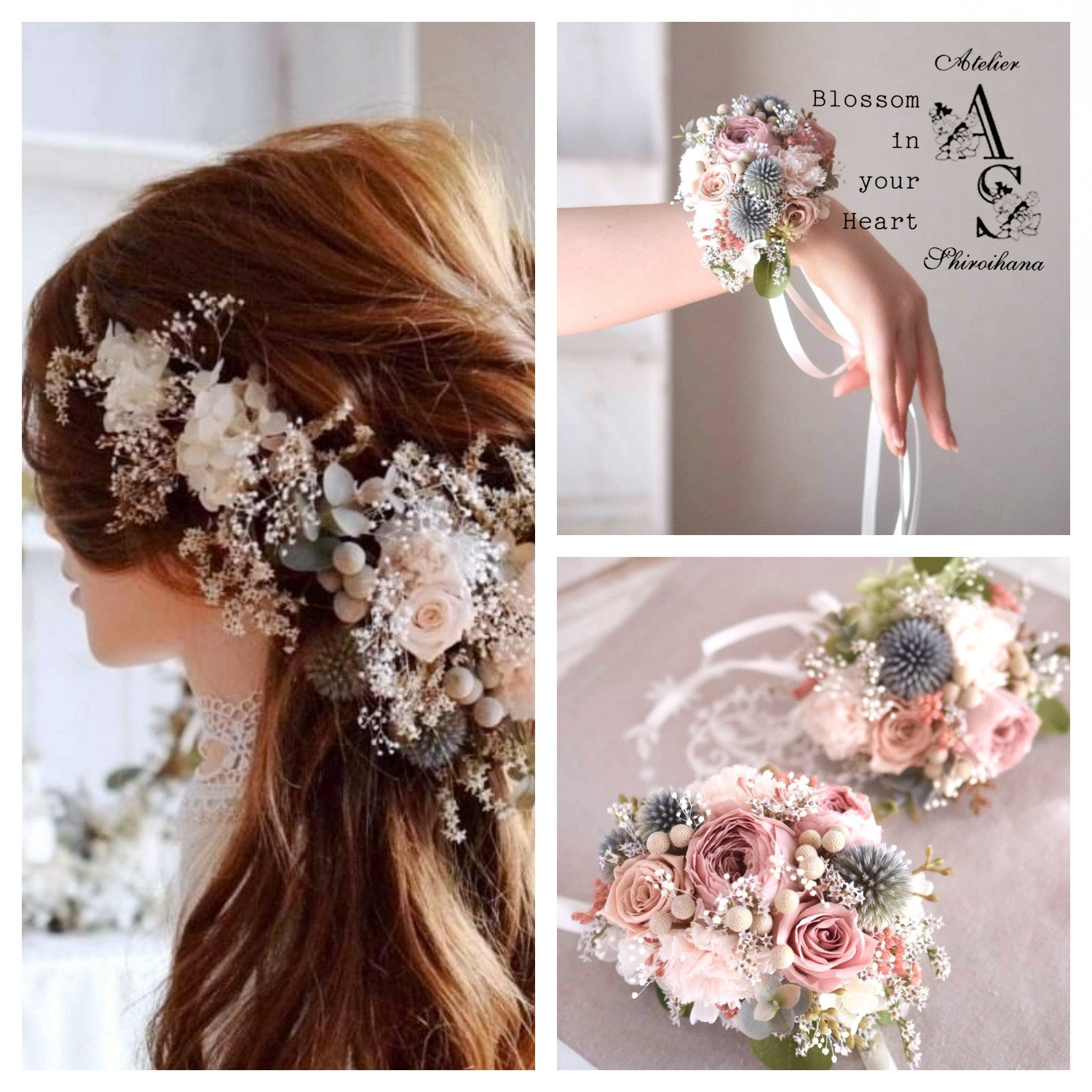 ⋆farbe様専用 お申込み欄⋆ くすみヌードピンク：野の花ヘッドドレス⋆リストブーケ⋆ブートニア 3点set
