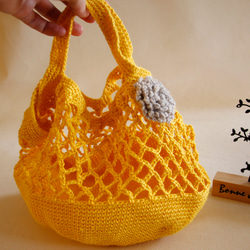 【布棉花】毛線編織手提籃 簍空編織包 黃色苧麻 購物包 煙火花 第1張的照片