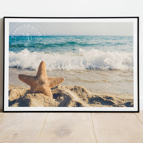 アートポスター ヒトデ 砂浜 青い海 夏のビーチ写真 マリンインテリア
