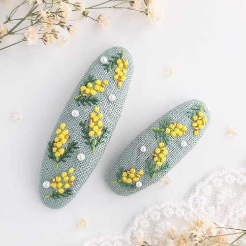 親子コーデ♡ミモザ刺繍パッチンピンset ヘアピン HISAYORI 通販