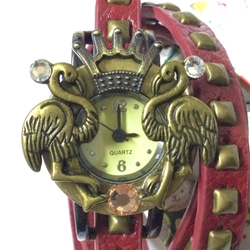 一点物☆ スチームパンク 『王冠とフラミンゴ』二重ブレスレット腕時計 3枚目の画像
