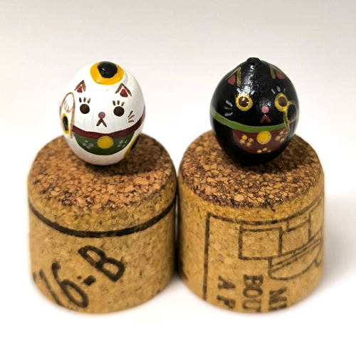 どんぐり人形 招き猫 白黒左右セット ②/モリヤマキノコ その他置物