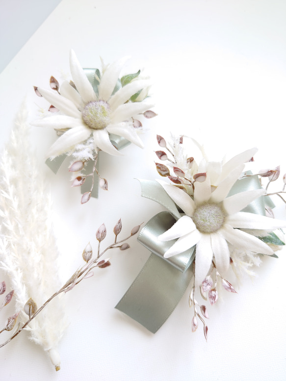 フランネルフラワーの花飾りset【コサージュ・髪飾り】ボックス付き 8枚目の画像