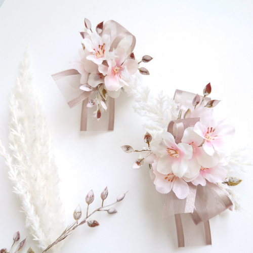 桜満開の花飾りset【コサージュ・髪飾り】シルキーピンク 桜満開の花飾りset【コサージュ・髪飾り】シルキーピンク