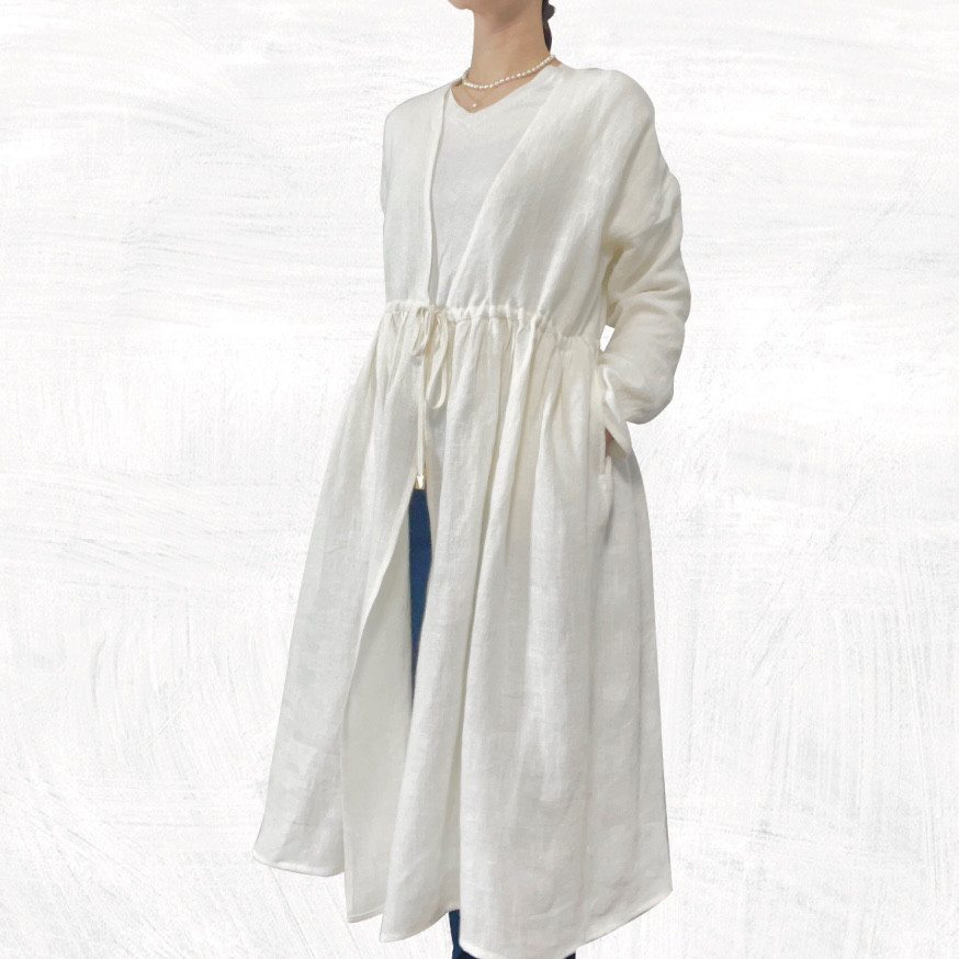 【送料無料】麻100％ さらっと羽織れるリネンロングコート／ワンピース【ホワイト】