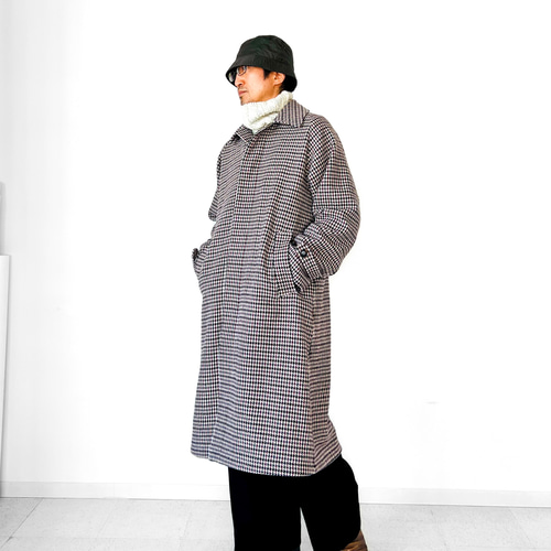 70s ヴィンテージ ビンテージ 千鳥格子 ステンカラー コート USA 千鳥格子柄 ロングステンカラーコート オリーブ色 【1030A45