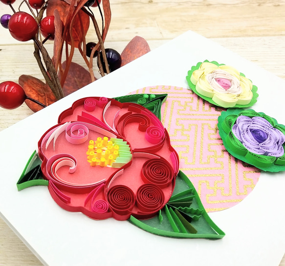 冬のお花のクイリングメッセージカード《椿×葉牡丹》 3枚目の画像