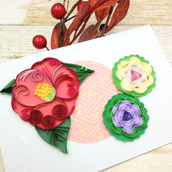 冬のお花のクイリングメッセージカード《椿×葉牡丹》 2枚目の画像