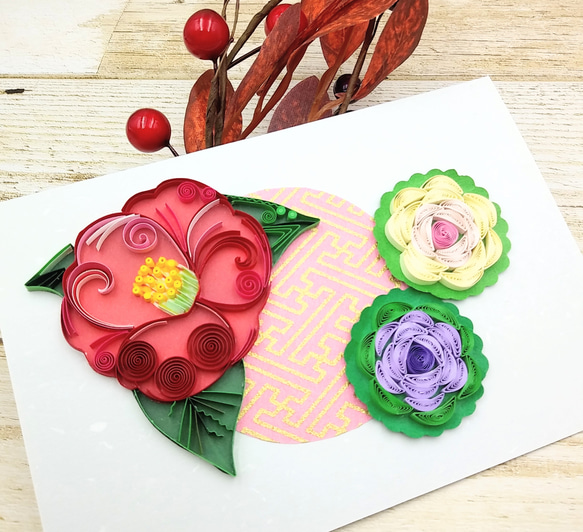 冬のお花のクイリングメッセージカード《椿×葉牡丹》 2枚目の画像