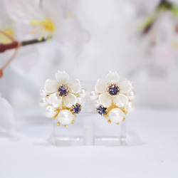 パールとクリアストーンの輝く桜イヤリング/ピアス ピンク ゴールド