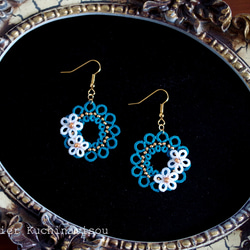 【訂做】梭織蕾絲圓花耳環&lt;孔雀藍&gt; 第1張的照片