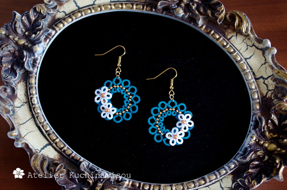 【訂做】梭織蕾絲圓花耳環&lt;孔雀藍&gt; 第1張的照片