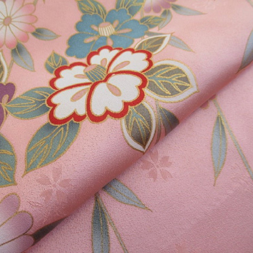 桃色 京友禅 金彩 枝垂れ花模様 正絹緞子 丹後ちりめん No.73-6 左身頃