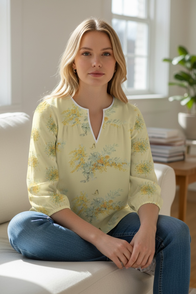 XXS〜7XL 水彩フラワーブラウス　ミモザ　イエロー