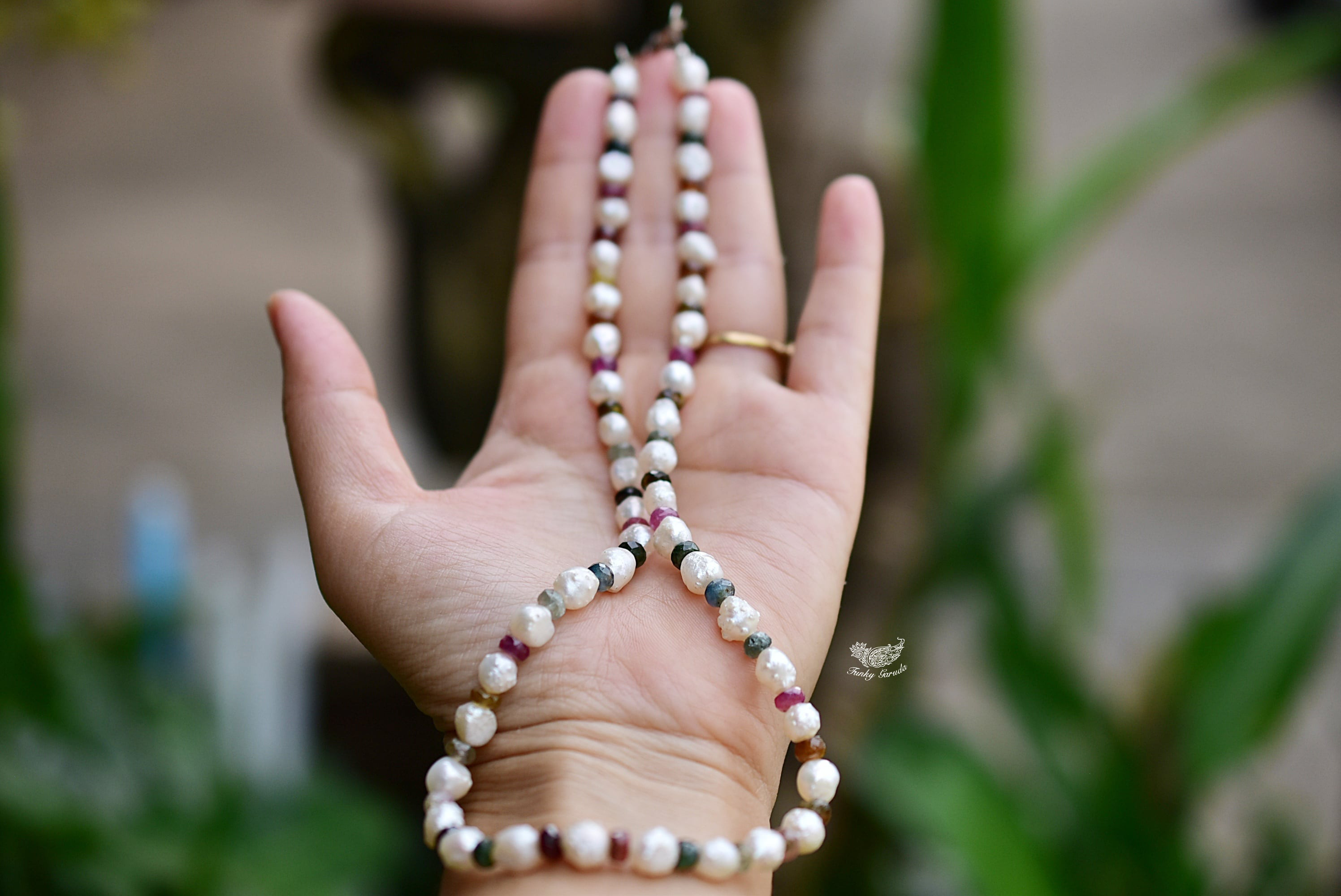 不思議な形★バロック真珠パール ＋トルマリンネックレス870