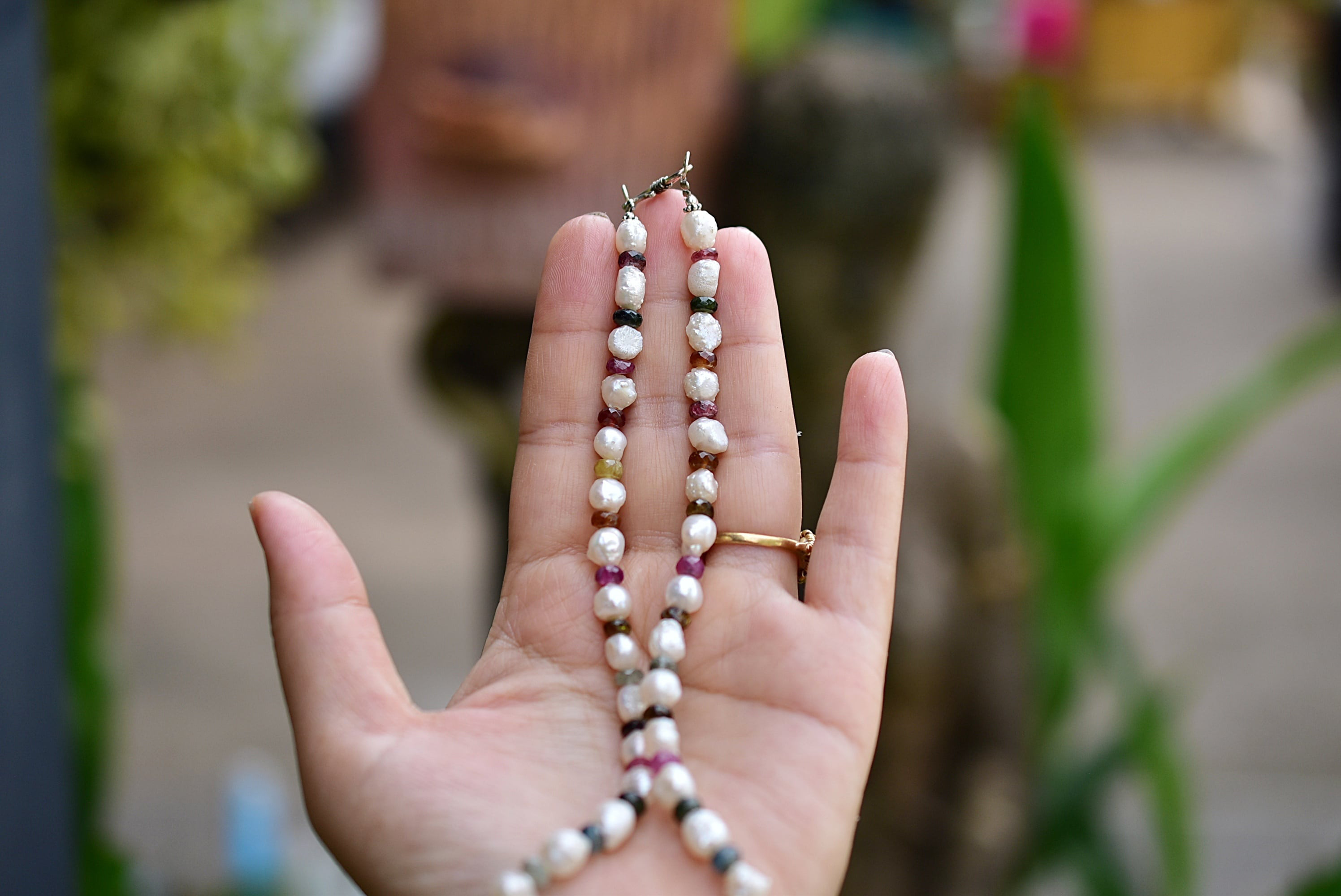 不思議な形★バロック真珠パール ＋トルマリンネックレス870