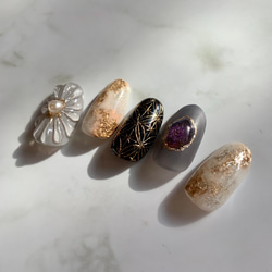 No.21 モノトーンネイル/和柄ネイル/天然石ネイル/ネイルチップ/卒業式/入学式/白黒/花柄ネイル 2枚目の画像