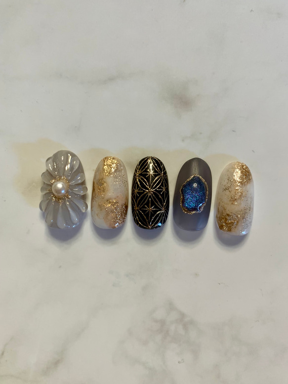 No.21 モノトーンネイル/和柄ネイル/天然石ネイル/ネイルチップ/卒業式/入学式/白黒/花柄ネイル 4枚目の画像